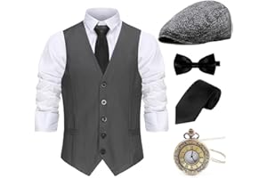 Gionforsy 20er Jahre Herren Weste Kostüm Zubehör Set mit Hut Weste Fliege Krawatte Taschenuhr Gangster Accessoires Set für Great Gatsby Party Halloween Karneval Fasching Mottoshow
