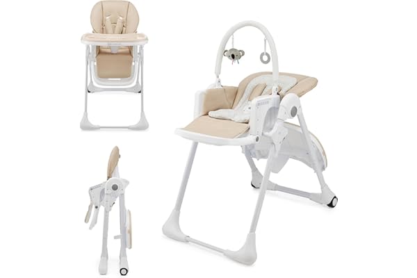 Kinderkraft TUMMIE Chaise Haute 2 en 1, pour Bébé Ergonomique, Confortable, Inclinable, Pliable, avec Hauteur Réglable, Repose-Pieds, Plateau Amovible, pour Tout-Petit, avec jouets, Beige