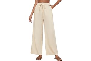 Xnova Pantalones Mujer Verano Frescos Sueltos Pantalon Lino Largos Ligeros Anchos Casuales Elasticos Pantalon de Pierna Ancha Holgados con Cordón y Bolsillos