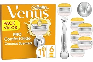 Gillette Venus Pro ComfortGlide Maquinilla De Depilación Y Recambios Con Aroma A Coco Con Crema Hidratante Olay, 1 Mango De Metal, 6 Cuchillas De Recambio Y Soporte Para La Ducha