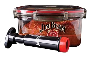 ‎JIM BEAM Jim Beam Vakuumversiegelte Pumpe, entfernt Luft aus der Marinadenbox, schneller Prozess, Grillen und Grillen, perfekte Marinierung von Rind, Huhn und Fisch, Standard, rot
