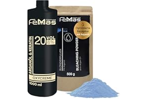 ‎FEMMAS FemMas Blondierungspulver Set 500g & Entwickler 6 Prozent 1L I stark, staubfrei, mit Arganöl I Hair Bleach Kit für zuhause in Salonqualität I einfache, gleichmäßige Blondierung bis zu 7 Tonstufen