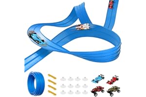 MOSKADO 5M Race Car Track Flexible Race Track for Kids, Speed Race Track Car Ramp Tracks Toy with 4 Alloy Cars, Toy Car Ramp Rolls up Portable Dual Racetrack for Jumps Loops Ramps, Gifts for Ages 3+ (Blue)