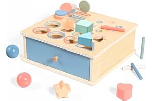 LTFIOON Juguete Montessori 4-en-1 de Madera para 1 Año - Juego de Encajar y Clasificar con Caja de Almacenamiento, Juguete Sensorial Motricidad Fina Regalo para Niños