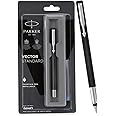Parker Vector Standard Fountain Pen with 1 Ink Cartridge | Ink Color Blue | Black Body with Chrome Trim, Refillable Fine Nib Pen | Smooth Writing Pen for School, Office, or Gifting
