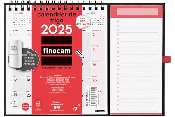 Finocam – Calendrier Neutre avec Aimant pour écrire 2025 1 mois par page Janvier 2025 – Décembre 2025 (12 mois) Français