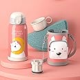 Kids Bottle for School Stainless Steel Insulated Water Bottle with Straw Children Cup 2 in1 Water Flask with Carrier Holder Shoulder Strap Spare Cover Lid 550ml (Bear)