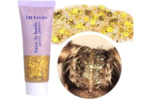 BELIKY GIRL Body Glitter Gel, 50ML Face Glitters Body Gel Sequins Shimmer Liquid Eyeshadow, Mermaid Sequins Liquid Holographic Glitter Gel, Chunky Glitter for Face Hair Nails (Gold)