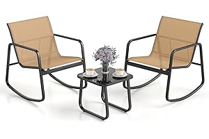 COSTWAY Mesa y Sillas Terraza, 2 Mecedoras de Bistró y 1 Mesa Baja con Tapa de Vidrio, Tela Textilene, Conjunto Jardin Terraza Exterior Balcon, Juego de Mecedora (café)