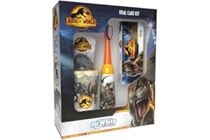 MR. WHITE Mr.White Jurassic World Dominion - Kit de cuidado bucal con pasta de dientes para niños, cepillo de dientes con batería, 1 vaso y rompecabezas de 20 x 20 cm, cerdas suaves