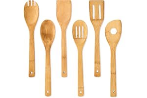 bambuswald© ensemble de couverts de cuisine (6 pièces) sans plastique et écologiques en 100% bambou | Cuillères de cuisine, par ex. louche à soupe nouilles Couverts à salade