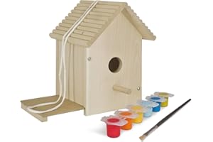 Eichhorn 100004581 Outdoor Vogelhaus aus Holz, zum Zusammenbauen und Bemalen, Inkl. Pinsel und Farben, 14x14x24cm Lindenholz, DIY