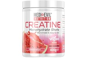 Medi-Evil Nutrition Creatine Monohydrate Shots Powder Vegan Friendly, Watermelon Flavour, 400g, 80 Servings, Micronised for Easy Mixing (Pack of 1 Tub)