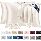 Vielit 2 Pieces Satin Pillowcase 50 x 70 Beige, Soft as Silk, Pillowcase for Hair and Skin, with 2 Elastic for Hair
