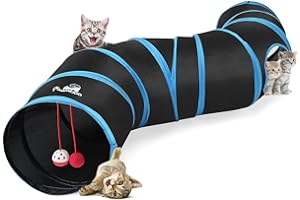 Pawaboo Katzenspielzeug, S Förmiger Katzentunne mit Ball und Glocken Faltbar Rascheltunnel Katze Katzentunnel für Hunde Welpeln Kaninchen und Kleintiere Haustier, Schwarz und Himmelblau