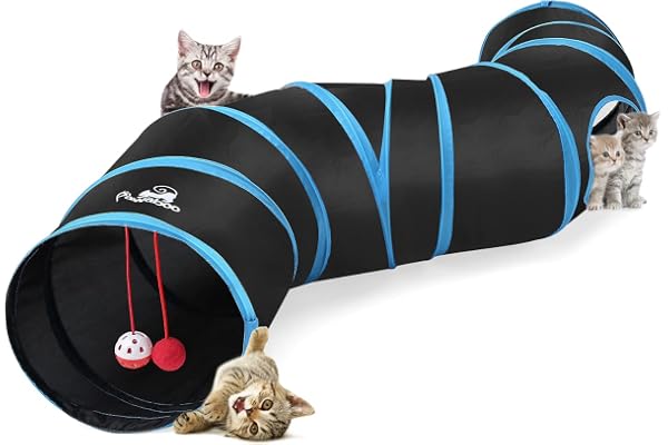 Pawaboo Tunnel Pliable en Forme de S, Jouet Interactif Tube avec Pompon et Cloches pour Chat Chiot Lapin - Noir