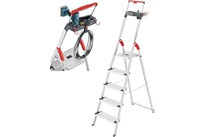 ‎HAILO Hailo L84 ComfortLine Alu-Sicherheits-Stehleiter - 5 XXL-Stufen belastbar bis 150 kg - Tiefe Standfläche & Haltegriff - Stehleiter mit Ablage - Aluleiter Made in Germany - Leiter rostfrei - Silber