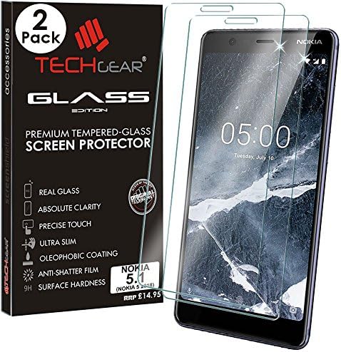 TECHGEAR2 Pack] GLASS Edition for Nokia 5.1 - Genuine Tempered Glass Screen Protectors Guard Covers Compatible with Nokia 5 2018