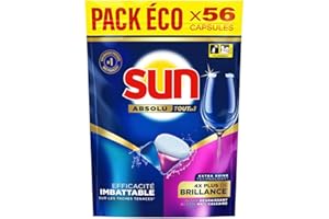 Sun Pastilles Lave-Vaisselle Absolu Tout-en-1 Brillance - 56 capsules - tablettes imbattables sur les taches tenaces - 4x plus d'éclat
