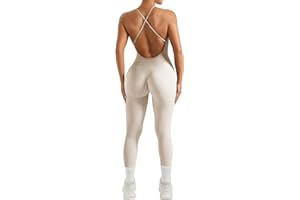 OMKAGI Seamless Gerippte One Piece Jumpsuit Damen Strappy Backless Sleeveless Yoga Romper High Neck Bodycon Workout Playsuit