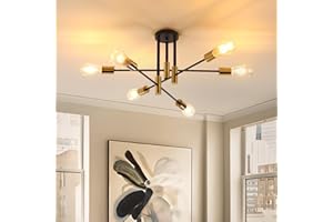 OTREN Plafonnier Lustres Industriel, 6 Lumières Plafonnier Vintage Noir Or Suspension Luminaire Moderne pour Salon Chambre Cuisine Restaurant Bar Café, Douille E27 (Sans Ampoules)