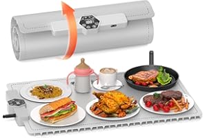 BURMONG INNOWARMER Chauffe Plat Électrique, Plaque Chauffante Électrique Silicone Pliable Flexible, Plaque Chauffante avec 5 Température Réglable et Minuteur, Chauffe Plat pour Buffet Fête Familiale (Gris)