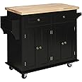 HOMCOM Rolling Kitchen Island Storage Trolley with Rubber Wood Top & Drawers for Dining Room, Black