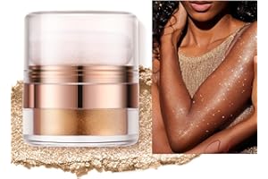 ‎KARLOR KARLOR Körper Highlighter Puder mit Applikator,Körper Schimmer Puder Gesicht Glitzer Glow Gesicht Highlighter Körper Illuminator Body Shimmer Powder mit Schwamm für Wange Gesicht Beine(02#Golden)
