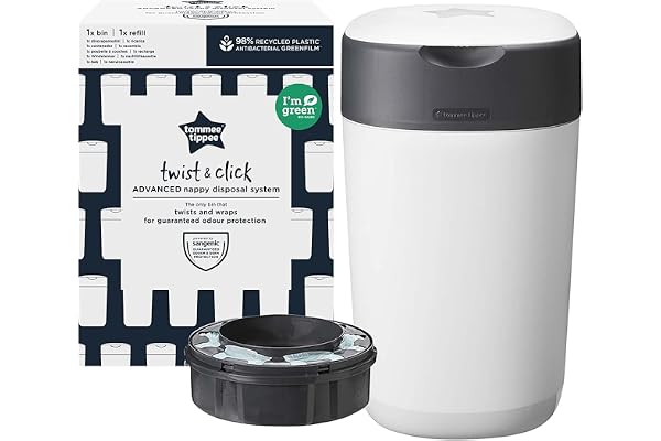 Tommee Tippee Poubelle à couches Twist and Click Protection anti-odeurs et anti-germes garantie, Grande capacité, Inclut 1x Cassette avec Greenfilm Antibactérien d’origine durable, Blanc