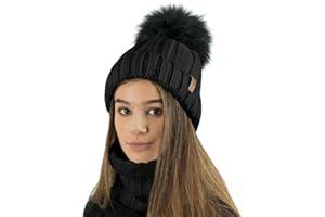 TOSKATOK Ladies Womens Winter Rib Seed Stitch Beanie Bobble Hat with Warm Cosy Fleece Liner & Large Faux Fur Pom Pom