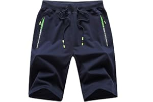 JustSun Short Homme Sport Running Jogging Coton Léger avec Poches Zippées