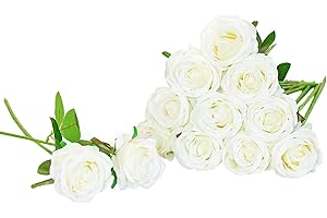 Floralsecret 12 Piezas Rosas Artificiales Ramo Flores Imidacial de Seda Decoración de Boda Casa(Blanca)