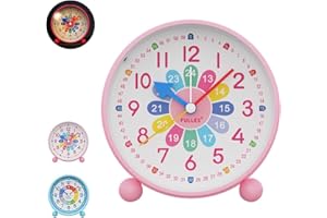 CEWROM Comodino Analogica Sveglia per Ragazzi Ragazze, Sveglia Educativa per Bambini Senza Ticchettio, Sveglia a Pressione con Luce Notturna Orologio da Comodino Bambini per l'apprendimento(Rosa)