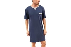Yukiuiny Herren Langarm Nachthemd Knielang Jersey Pyjamaoberteil Baumwolle Weich Luftig Schlafshirt Nachtwäsche für Krankenhaus