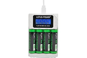 LOTUS POWER Universal 4 Bay Charger & 1.2 V NI-MH AA Battery Set, AA AAA Charger with Rechargeable AA Batteries (1 Charger & 4 Batteries)
