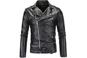 MISSMAO Mens Slim Fit Belt Biker Leather Jacket Zip Up Motorcycle Jacket