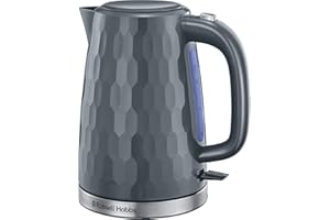 Russell Hobbs Honeycomb Electric 1.7L Cordless Kettle (Fast Boil 3KW, Grey premium plastic, matt & high gloss finish, Removable washable anti-scale filter, Push button lid, Perfect pour spout) 26053