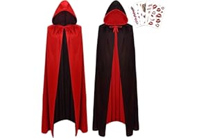 JSRHEEM Halloween Umhang mit Kapuze 170cm - Vampir Kostüm mit Temporären Tattoos - für Halloween & Fasching & Karneval für Kinder & Erwachsene, Beidseitig Schwarz/Rot(170cm)