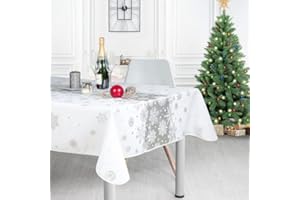 VILLAGES DE PROVENCE Nappe de Noël Rectangulaire - Nappe de Table Anti-tâches - Nappe en Tissu Lavable - Nappe Noël Brillante Argentée - 10 à 12 Couverts (Constellation Blanc, 300_x_150_cm)