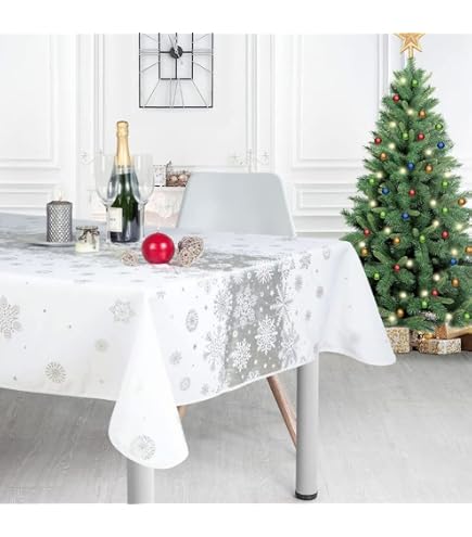 Nappe De Noël Rectangulaire BOX And Tree - 150x240 Cm - Motif Sapin Et Flocons - Anti-Taches