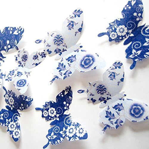New 12PCS Blue and White Chinese Porcelain Green Flower 3D PVC Butterfly Wall Stickers self-adhesive Vivid Mural Decal Art Home Wedding Shop Decoration DIY Craft