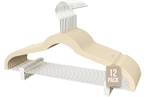 COM-FORT HOUSE- Perchas Terciopelo con Pinzas Antideslizantes- Color Beige 12 Unidades- 2 Clips Ajustables - para Pantalones, Faldas y más - Gancho Giratorio 360° Ahorra Espacio