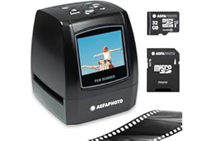 AgfaPhoto Pack escáner Digital Realiview AFS100 + 1 Tarjeta SD de 32 GB - Escáner de películas, Negativo de 35 mm/135 y Diapositivas (10 MP, Pantalla LCD de 2,4 Pulgadas), Color Negro