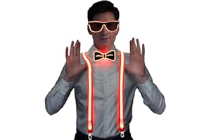 Charmofun 3 Stück LED-Leucht-Hosenträger, Leuchtende Herren-LED-Hosenträge, Licht Rave Outfit 3er Set, Verdrahtet Neon Rave Brille, Fliege für Musik Festival, Partybrille, Karneva (rot)