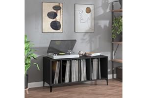 IKAYAA Mueble de Discos de Madera con Patas Metálicas - Estantería CD y Tocadiscos de Vinilo Negro, 100x38x48 cm