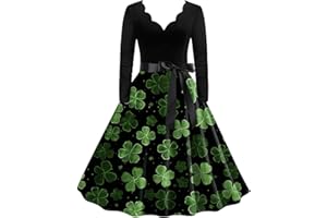 POIUIYQA Robe de la Saint Patrick pour Femme Robe Vintage Grande Taille pour la Saint-Patrick pour Les Festivals Style Col V Imprimé Trèfle à Quatre Feuilles Rockabilly