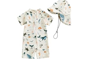 BemeUSWT Baby Boy Swimming Costume Baby Swimsuit 3 6 12 18 Months Infant Toddler Boys Swimwear Rash Guard Zipper One Piece Short Sleeve Beach Bathing Suits Wetsuit