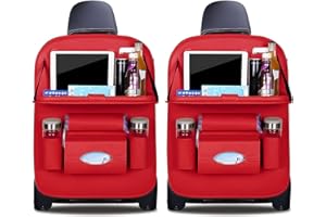 Ergocar Organiseurs pour Voiture Kick Mats cuir PU de luxe Protecteur de Siège Arrière avec porte-tablette pliable Imperméable Organisateurs de Voiture Rangement (Rouge - 2 Pack)