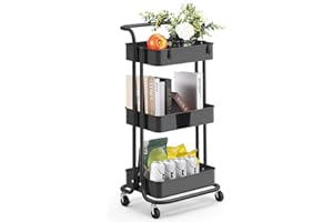 Avilia Carrellino Salvaspazio da Cucina con 4 Ruote - 3 Ripiani da 40x30x8cm, Capacità 10 kg per Ripiano, Manico Ergonomico - Mobile Multifunzionale per Cucina, Bagno e Ufficio - Nero 42x37x77cm
