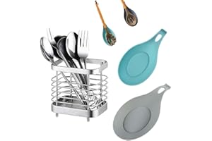 SVOCK Scola Posate da Cucina, Argento Cesto Portaposate in 304 Acciaio Inox e Set 2 Mestoli Cucina Silicone, Portamestoli Cucina per Conservare Coltelli Forchette Cucchiai